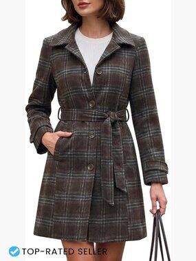 Vintage Plaid Peacoat Stand Collar Winter Trench Coat Slim Fit Belted Warm